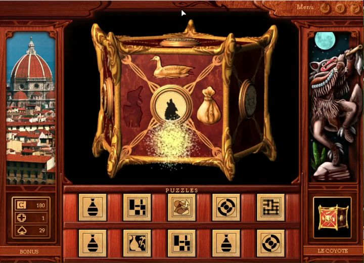 The original game's box screen: an ornate gold box with a duck, a bag and other relief pieces fitted around a central medallion