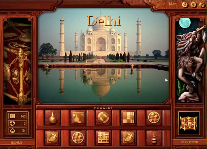 The original game's city screen for Delhi: the Taj Mahal, ten puzzle buttons, the bonus counters and the Coyote trickster's portrait