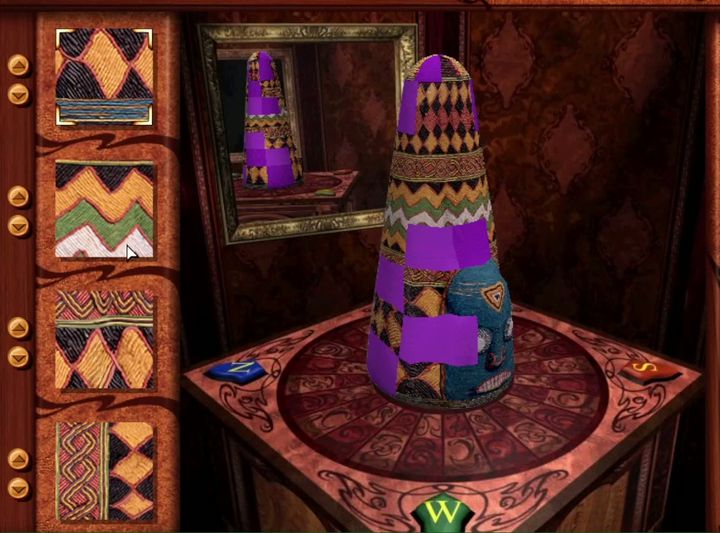 An Outer Layer puzzle in the original game: a patterned cone on a pedestal with missing patches, swatches in a tray, and a mirror behind