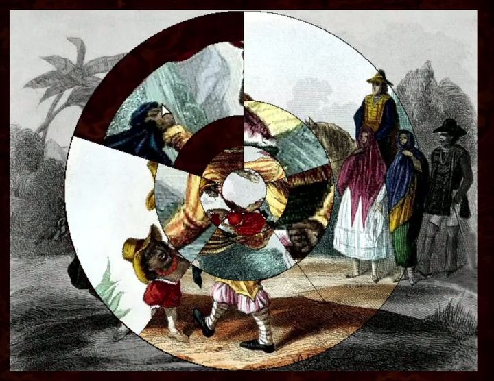 A Rotascope puzzle in the original game: a circular engraving of figures, cut into rings and wedges, part solved