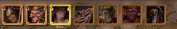 The seven trickster portraits from the original game's world map, in a row